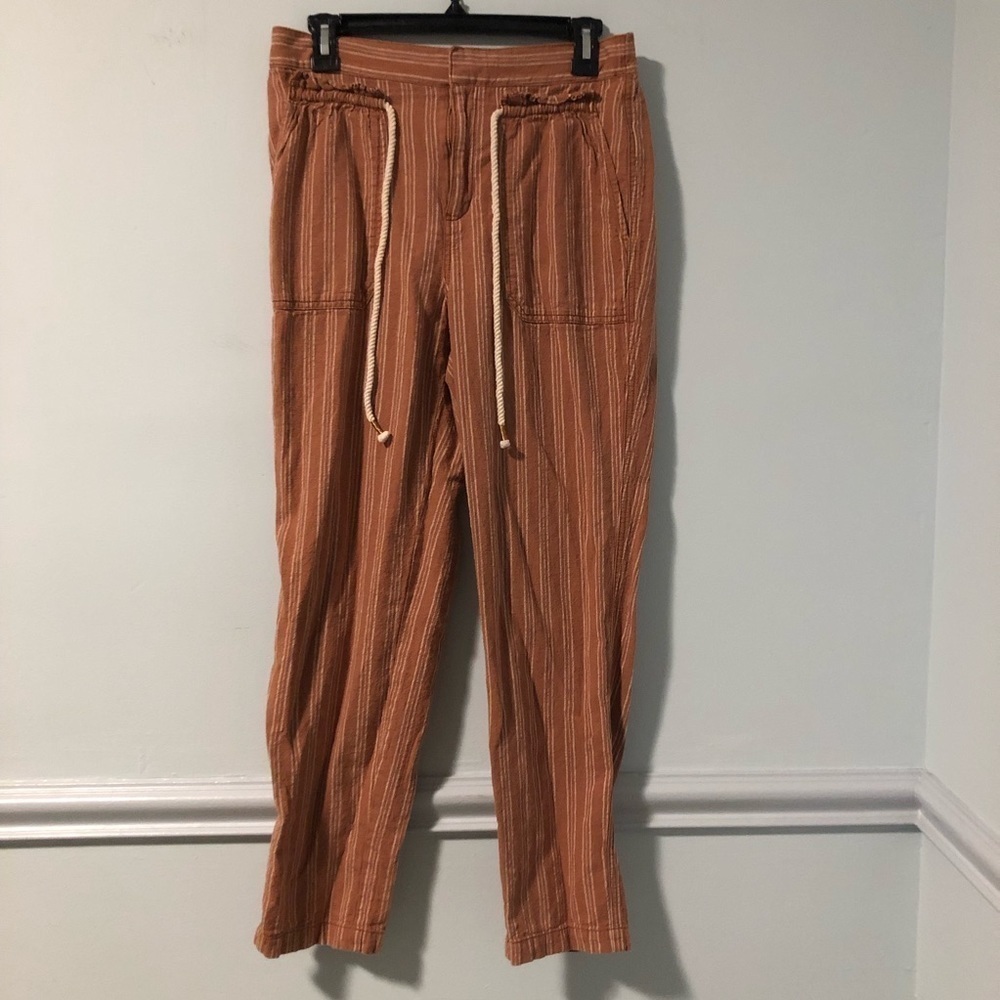 Anthropologie Orange & White Striped Linen Pants Front Drawstring Size Small